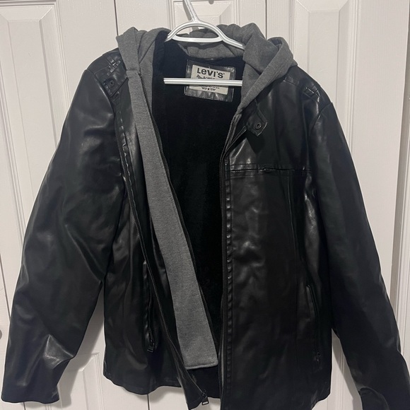 Levi's Black Faux Leather Jacket with Gray Hood XXL